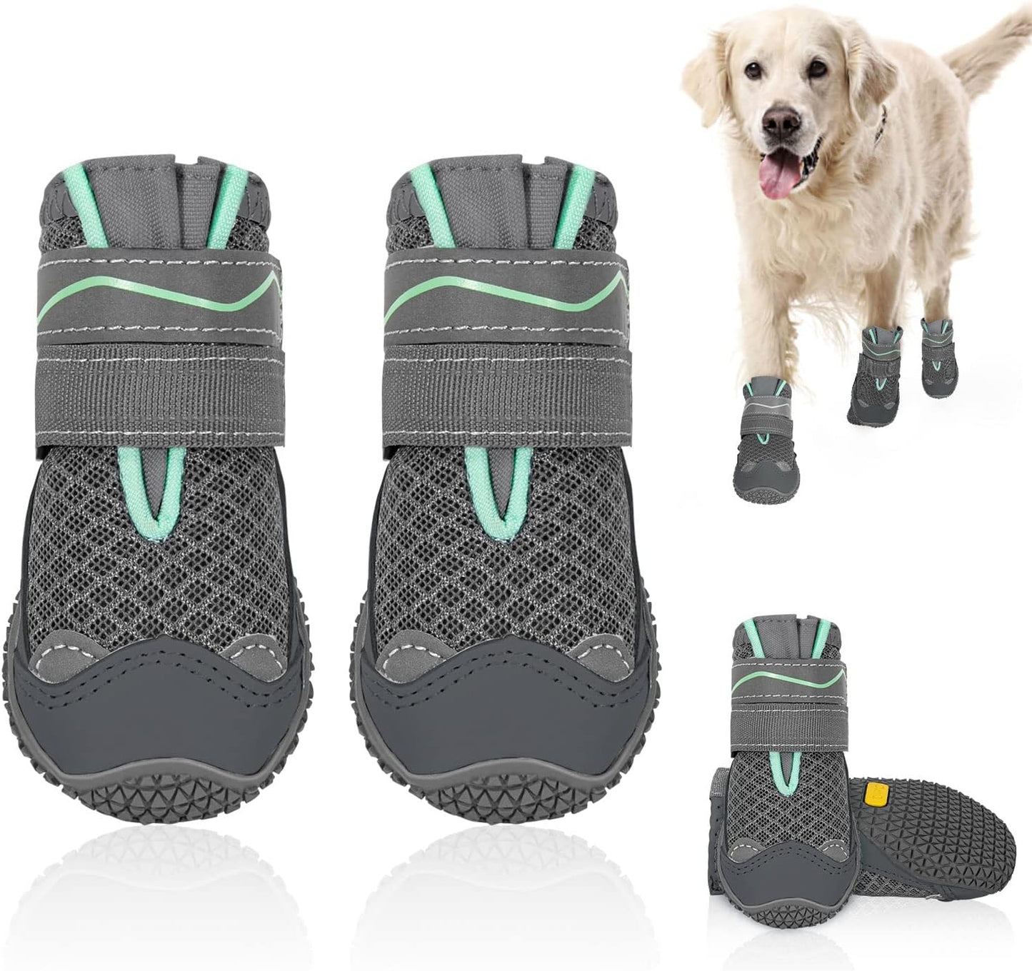 SlowTon Dog Shoes for Large Small Medium Dogs - Breathable Dog Boots for Summer Hot Pavement, Paw Protector for Outdoor Walking Winter Snow, Anti-Slip Rubber Dog Booties for Hardwood Floor (Green, 6)