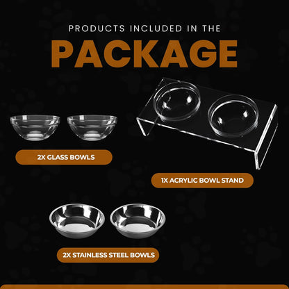 Acrylic Elevated Dog Cat Bowls Pet Feeder Double Bowl Raised Stand Comes with 4 Removable Stainless Steel Bowls. Perfect for Cats Puppies Small Dogs, 3.75 Inch