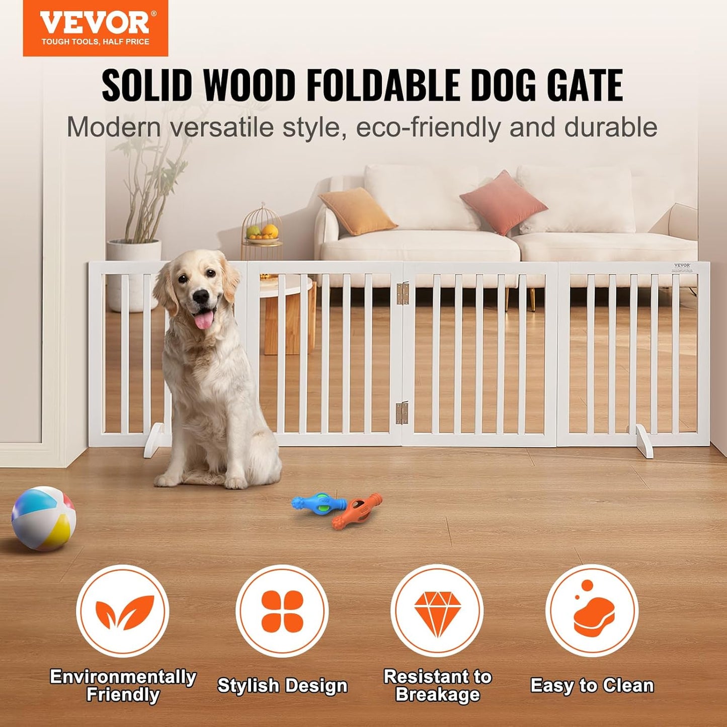VEVOR Freestanding Pet Gate, Wooden 24" H x 80" W, 4-Panel Foldable Gate for Wide & Narrow Passageways, Expandable Dog Barrier with Silent Foot Support, White
