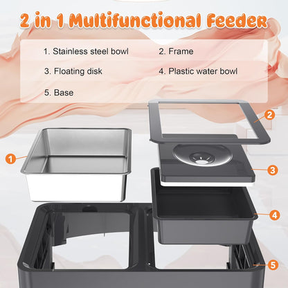 Decflow 3-in-1 Elevated Dog Bowls, 4 Height Adjustable Raised with Stainless Steel, Slow Feeder, No Spill Water Bowl, DIY Stickers Foldable Pet Bowl for Medium Large Dogs