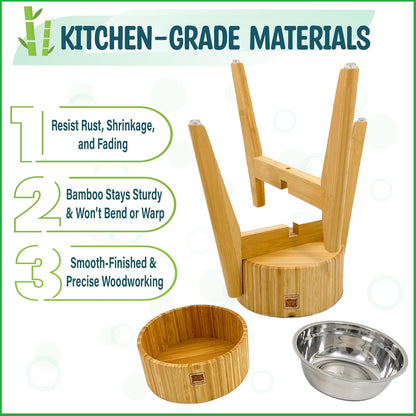 Elevated Slow Feeder Dog Bowls Large Breed - (12-inch-high) - Raised Bowl with Anti-Choking Insert - Stainless Metal and Bamboo