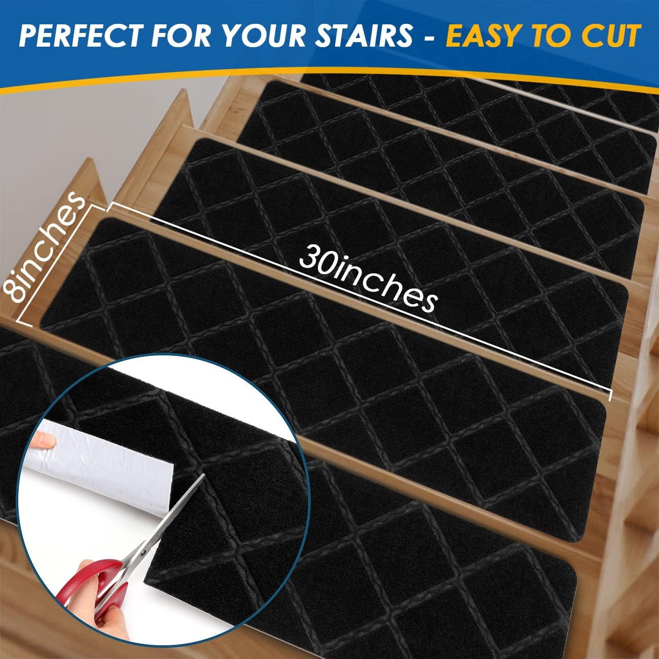 RIOLAND Stair Treads Carpet Non-Slip Indoor 15 PCS Wood Stair Treads Rugs Anti Moving Modern Stair Runners Safety for Kids Dogs, 8" X 30", Diamond Gray