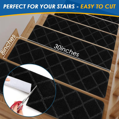 RIOLAND Stair Treads Carpet Non-Slip Indoor 15 PCS Wood Stair Treads Rugs Anti Moving Modern Stair Runners Safety for Kids Dogs, 8" X 30", Diamond Gray
