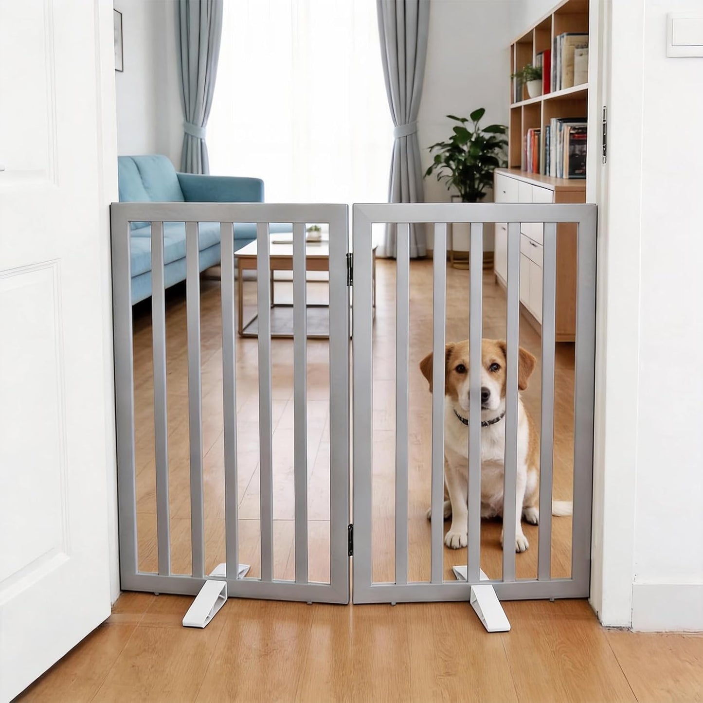Dog Gate Indoor, Freestanding Dog Fence for The House, Doorways, Hallways,or Stairs,Pet Gate Foldable Wooden,Expandable 24" Height 3 Panels,White