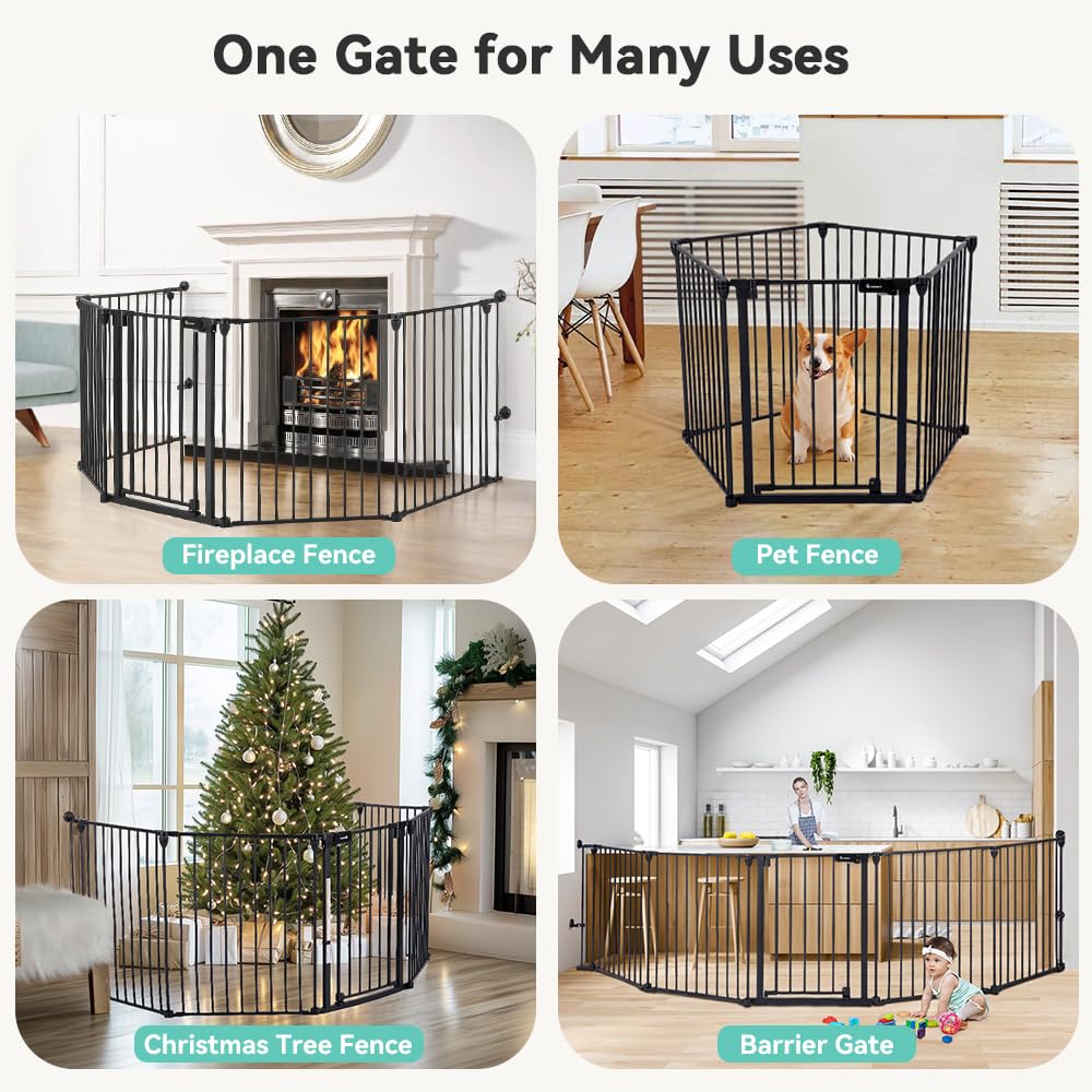 COMOMY 80" Extra Wide Baby Gate, Dog Gate for House Stairs Doorways Fireplace, Auto Close Pet Gate with Door Walk Through, 3 Metal Panels, Hardware Mounted Baby Fence Indoor Outdoor(30" Tall, Black)
