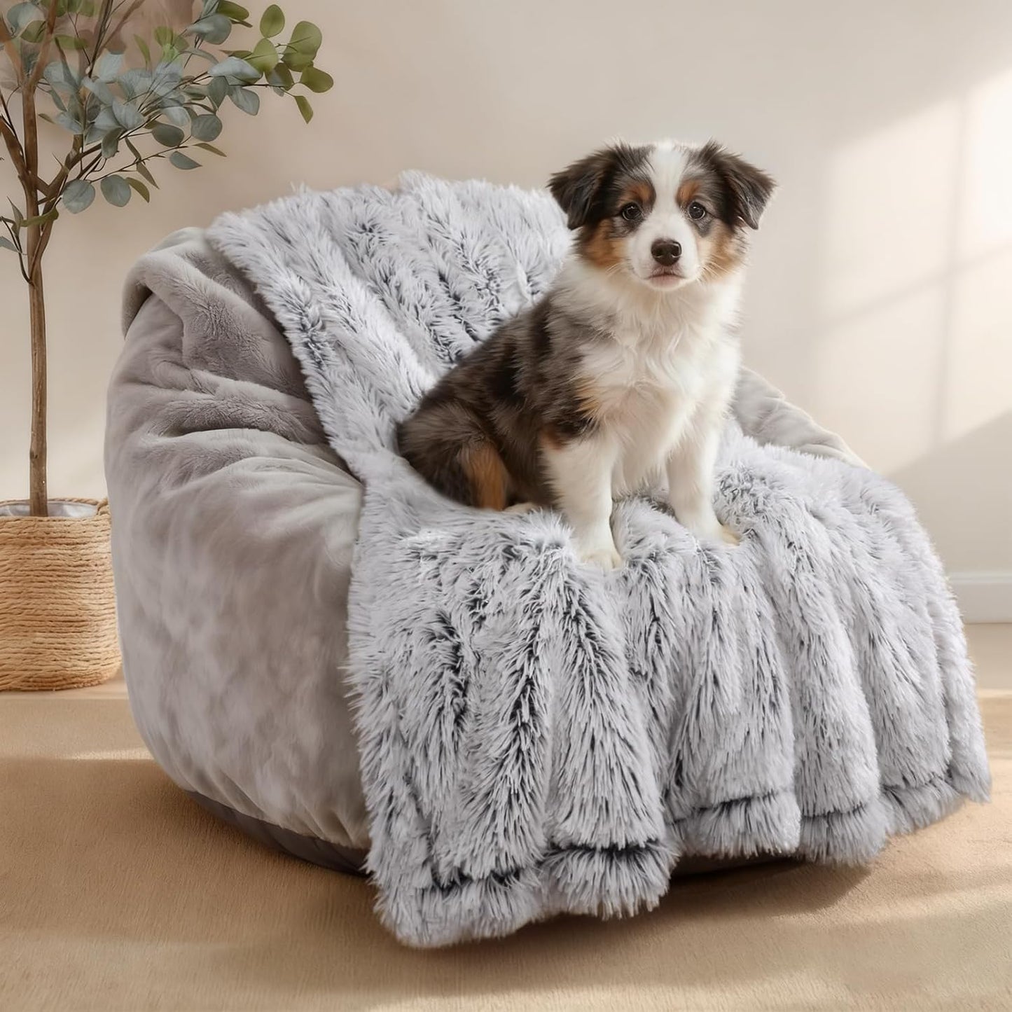Luciphia Large Waterproof Dog Blanket for Pet Washable Liquid Proof Bed Intimacy Protection Shaggy Plush Calming Long Faux Fur Couch Cover Calming Cat Throw Blankets, Mist Grey, 50" x 60"