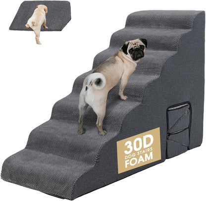 Dog Stairs for High Beds 30-36 inches Tall, 6-Step Dog Steps for Bed 32-36 inches for Small Large Dogs, Doggie Ramp for Bed, 30D Foam Pet Stairs for Old Dogs/Cats, Free-Installation, Grey