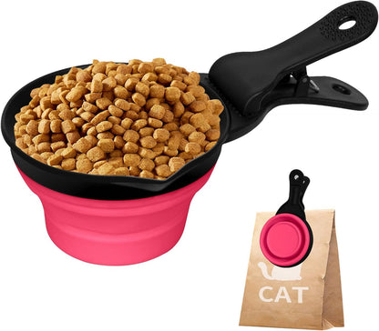 Collapsible Dog Food Scoop Foldable Pet Food Bag Clip 3 in 1 Multi-function Silicone Cat Food Measuring Cup Scoop Dog Food Scooper Pet Food Storage Clip (Green, 1 Cup Capacity(1 Pack))
