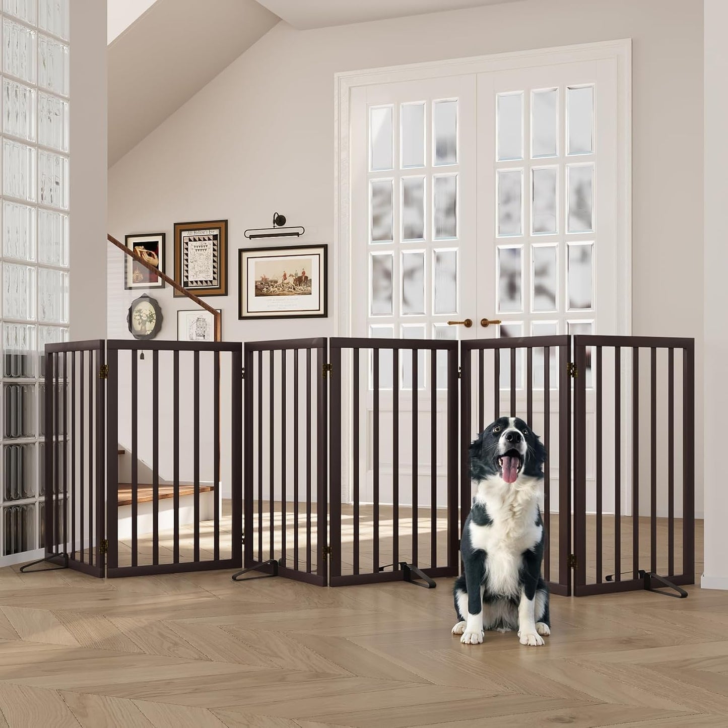 Freestanding Dog Gates Indoor, 3-Panel Pet Gates with 2 Metal Stands and 360° Hinge, 24" H Foldable Dog Gate for Stairs, Doorway, Kitchen, Expands Up to 55" Fully Assembled - Black Walnut