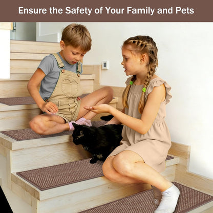 Natural Linen Non Slip Stair Treads, 15 Pack 8" X 30" Carpet Stair Treads with Reusable TPE Adhesive Backing, Non Slip Stair Runner Indoor for Kids Elders and Pets, Machine Washable, Brown Weave