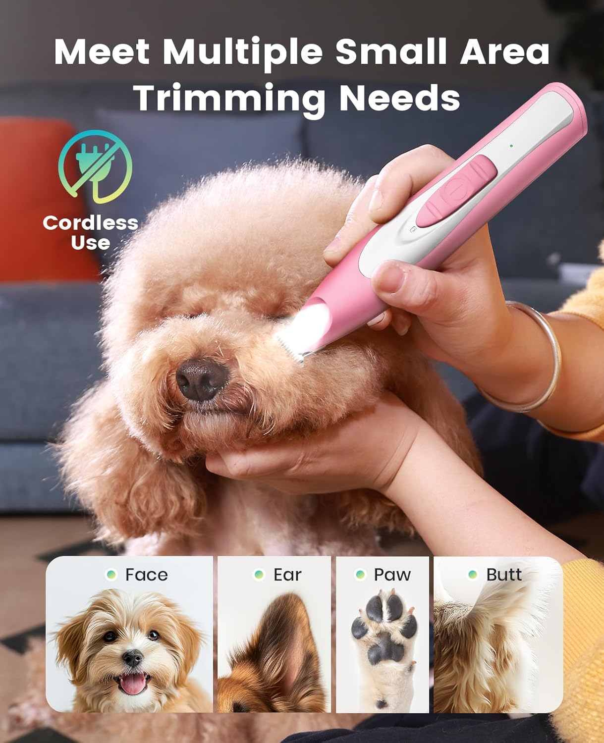oneisall Low-Noise Dog Paw Trimmer with LED Light, Paw Trimmer for Dogs &Cats 0.8inch/20mm Wide Blade, 35dB Cordless Electric Pet Paw Grooming Clippers for Paws, Ears, Face, Rump