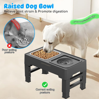 URPOWER 2-in-1 Elevated Slow Feeder Dog Bowls with No-Spill Water Bowl, 4 Height-Adjustable Raised Dog Bowls, Non-Slip Food and Water Bowls with Stand for Small, Medium, Large Dogs, Cats and Pets