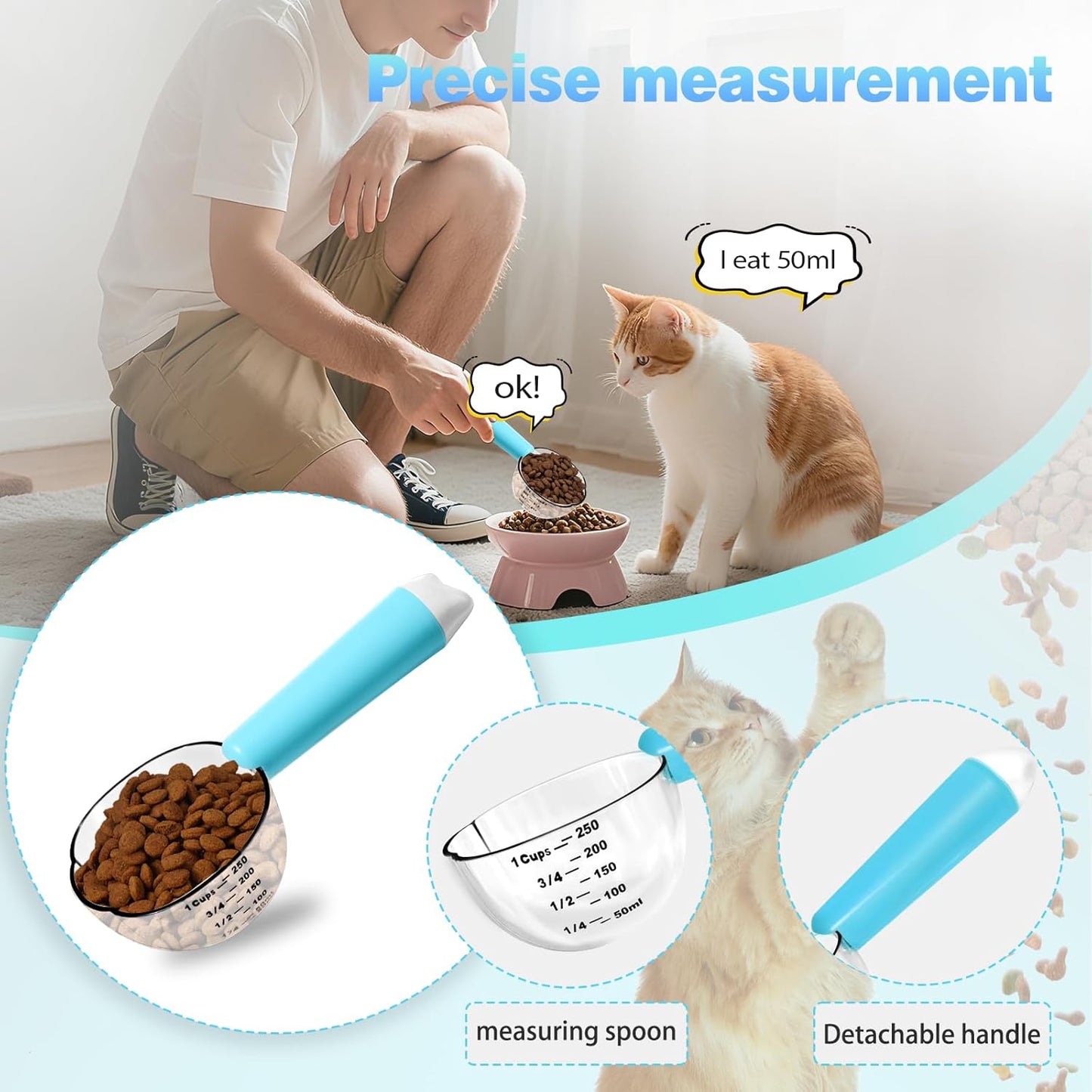 Dog-Cat Food Scoop 1 Cup, Pet Food Measuring Cup with Long Handle, Food-Grade Scoop for Dogs, Rabbit Wet or Dry Food, Easy to Clean & Accurate Scale (Blue)