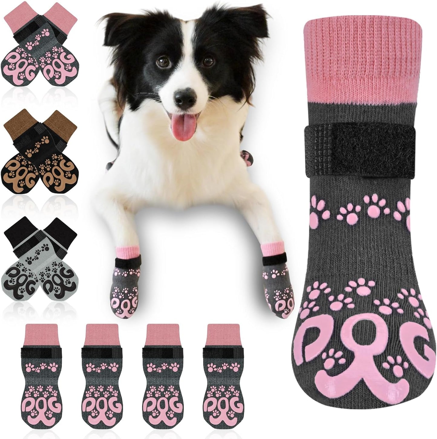 Anti Slip Dog Socks to Prevent Licking Paws - Double Side Paw Covers Dogs Grip Sock for Hardwood Floors, No Twist Dog Booties Grippy Socks for Small Medium Large Senior Dogs, Light Grey and Black, L