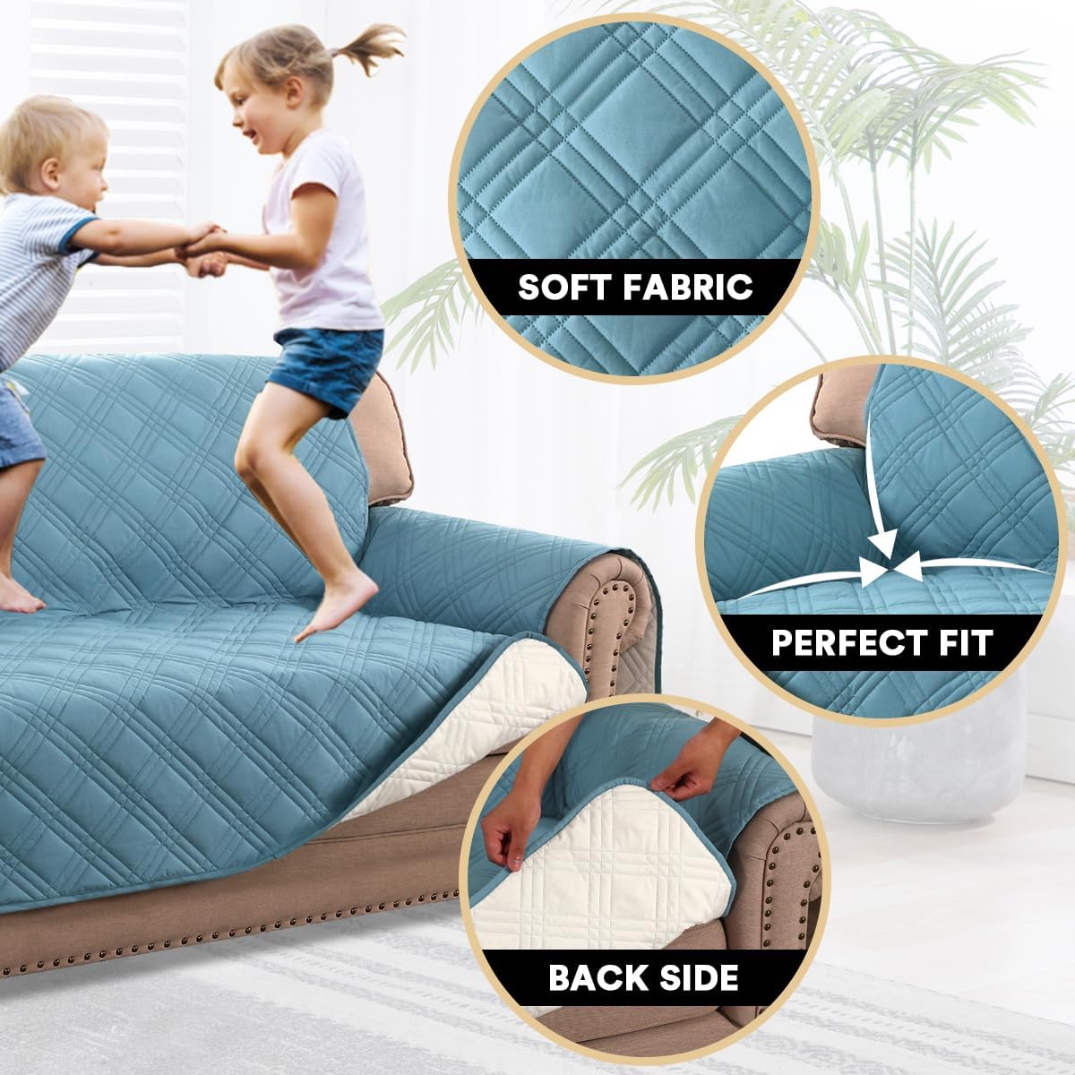 PrinceDeco 100% Waterproof Couch Cover for 3 Cushion Couch Sofa Pet Friendly Non-Slip Couch Cover for Dogs Washable Water Resistant Furniture Protector with Elastic Straps(Sofa 68", French Oak)
