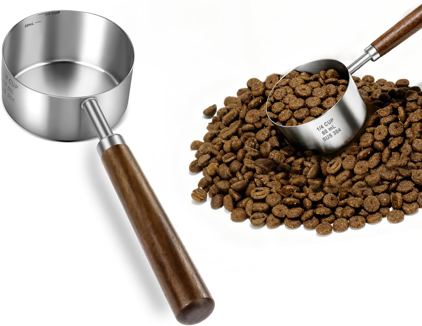 Stainless Steel Dog Food Scoop 1 Cup, Dog Food Measuring Cup With Measuring Lines (Cup/ML) & Long Wooden Handle, Metal Pet Food Scoop For Dogs, Cats and Kitchen Use, Dishwasher Safe