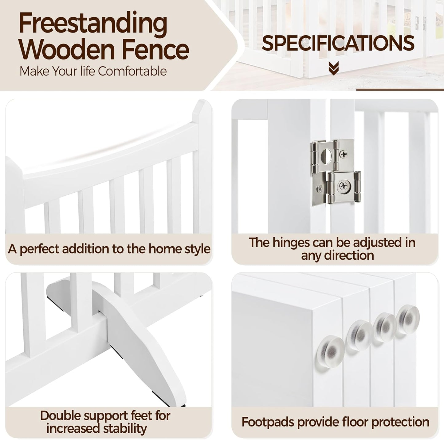 Topeakmart Dog Fence Indoor 36" Tall 4-Panels Wooden Foldable Dog Gate for Pets with 2 Support Feet Freestanding Pet Barrier for Doorways, Porch, Stairs, Kitchen White 79.5" L × 36" H
