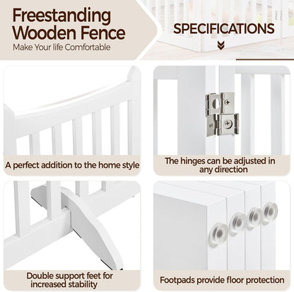 Topeakmart Dog Fence Indoor 36" Tall 4-Panels Wooden Foldable Dog Gate for Pets with 2 Support Feet Freestanding Pet Barrier for Doorways, Porch, Stairs, Kitchen White 79.5" L × 36" H