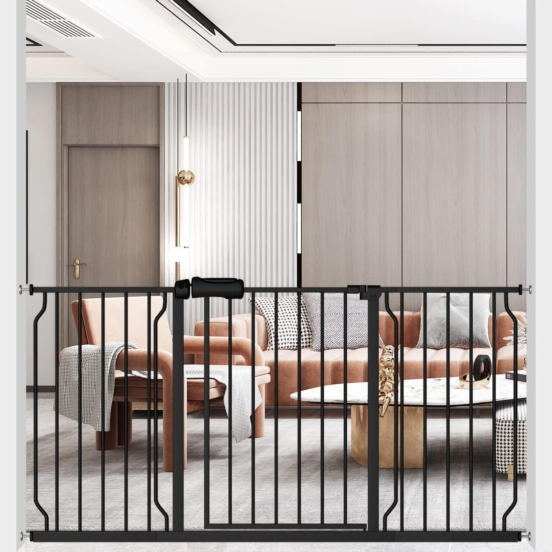 ALLAIBB Extra Wide Pressure Mounted Baby Gate Walk Through Child Kids Safety Toddler Tension White Long Large Pet Dog Gates with Extension for doorways Kitchen (57.48-62.20"/146-158cm, Black)