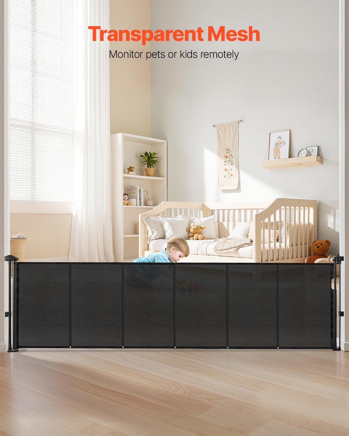 VEVOR Retractable Baby Gate, 34 inch Tall, Extends up to 110 inch Wide, Retractable Gate for Kids or Pets, Mesh Material, Easy to Install for Indoor Stairs, Doorways, Hallways, Playrooms, Gray