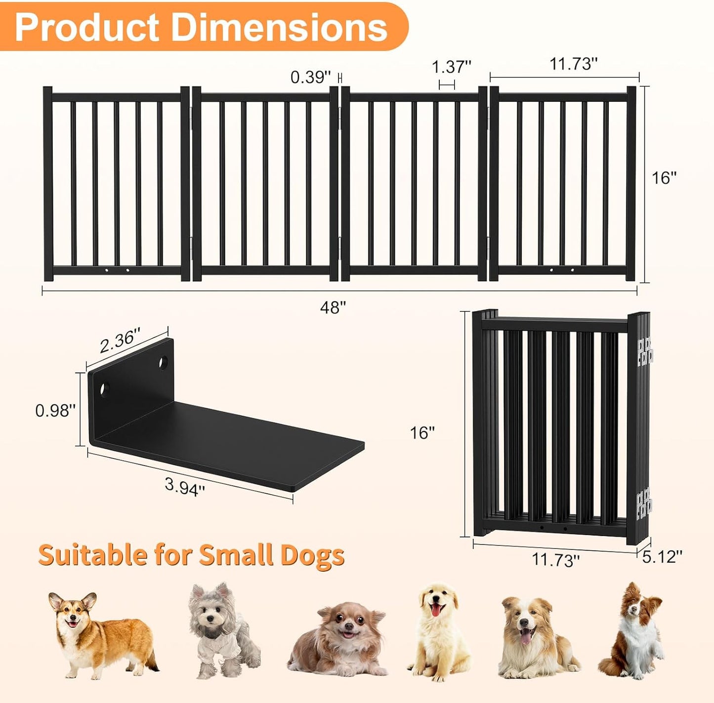 Snughome Short Dog Gate Indoor, 16" High Freestanding Small Dog Door Gates with Support Feet, Expands Up to 48’’ Wide Foldable Pet Gate for Doorway, 4 Panel Folding Pet Door Pet Fence for Puppy, White