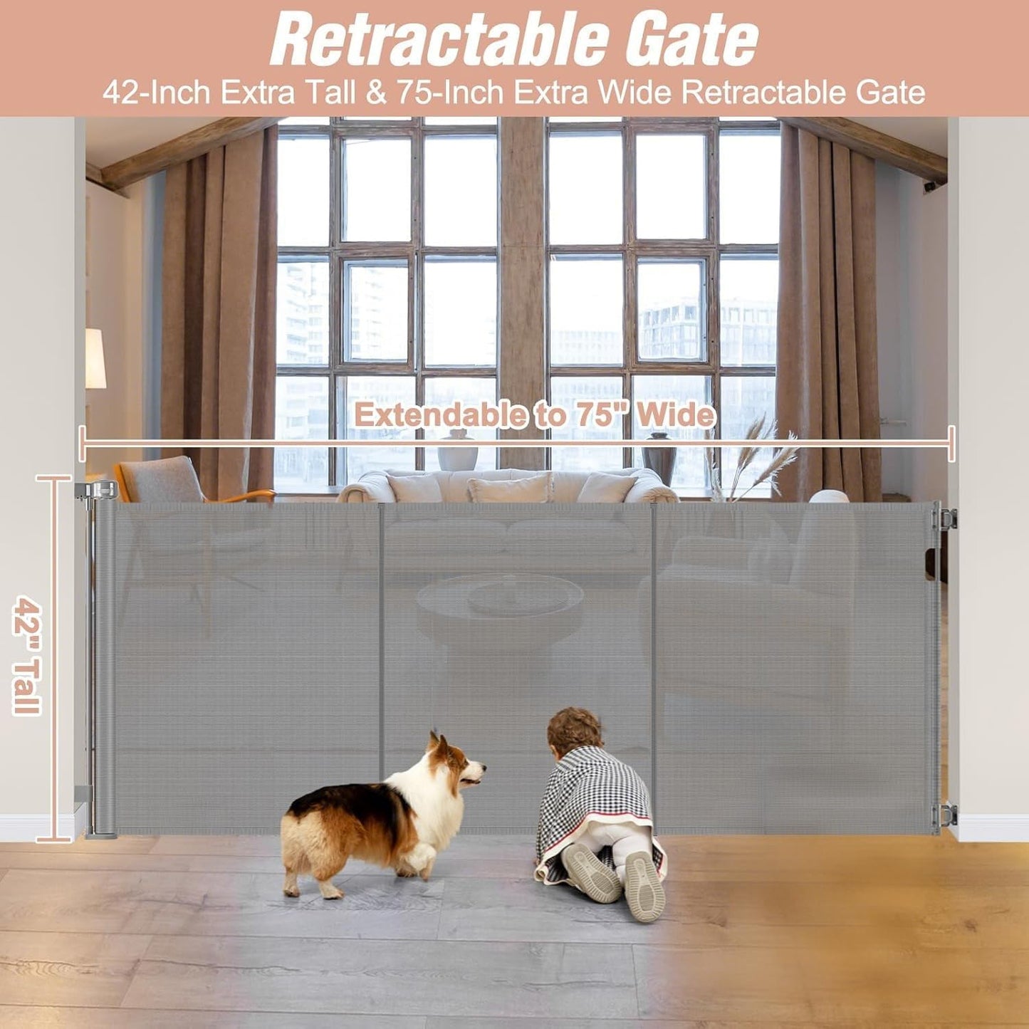 Reinforced 42" Tall Retractable Dog Gate, 155" Extra Long Retractable Baby Gate with Support Rods - Prevent Crawling Under, Indoor/Outdoor Retractable Gate Extra Tall Baby Gate Retractable Fence/Black