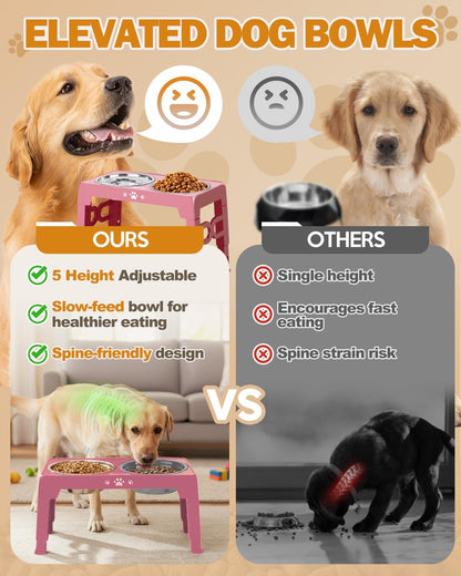 Jovrun Elevated Dog Bowls for Small Dogs and Cats, Non-Slip Cat Bowls with 2 Thick 5.5" Stainless Steel Dishes, Dog Feeder 2 Heights Adjustable to 2.6"-5.3"