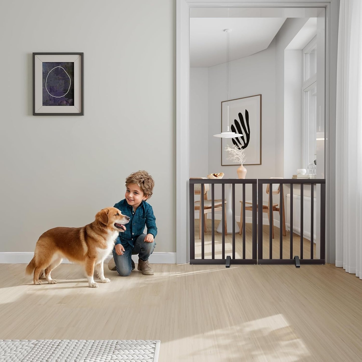 Freestanding Dog Gates Indoor, 3-Panel Pet Gates with 2 Metal Stands and 360° Hinge, 24" H Foldable Dog Gate for Stairs, Doorway, Kitchen, Expands Up to 55" Fully Assembled - Black Walnut