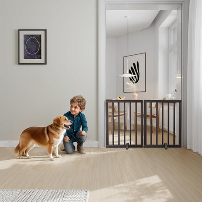 Freestanding Dog Gates Indoor, 3-Panel Pet Gates with 2 Metal Stands and 360° Hinge, 24" H Foldable Dog Gate for Stairs, Doorway, Kitchen, Expands Up to 55" Fully Assembled - Black Walnut