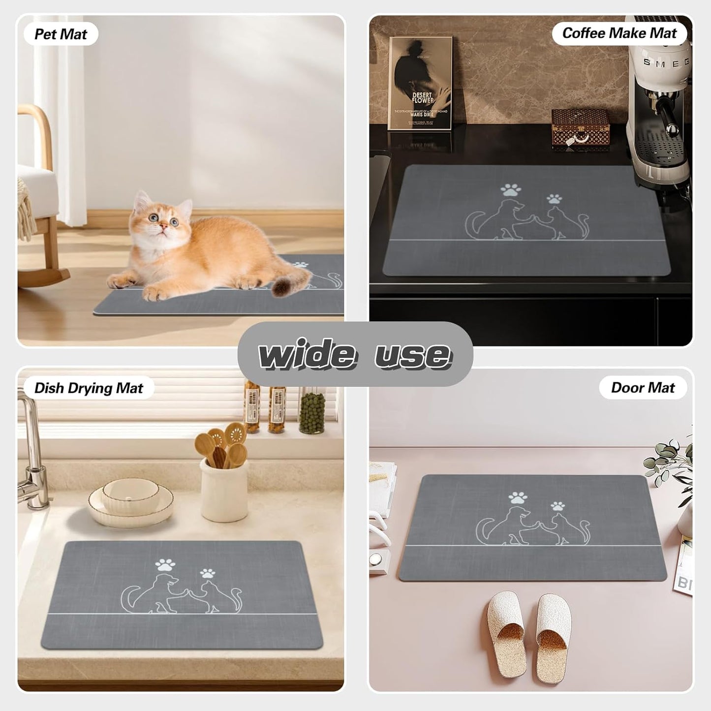 Le courant Dog Cat Feeding Mat,Water Absorbent, Non Slip Placemat for Pets Bowl and Water,100% Waterproof Feeding Mats for Multiple Breeds.Grey.Bone Printing