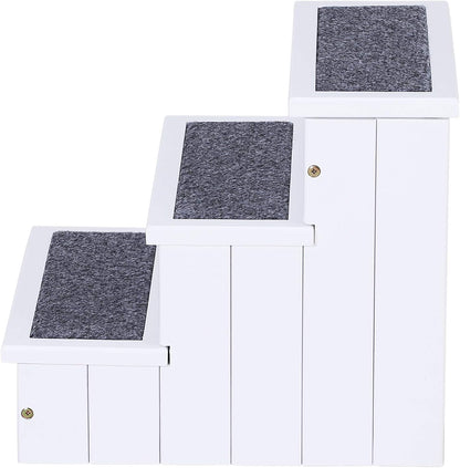PawHut 3 Step Wooden Carpeted Non Slip Pet Stairs Ramp for Cats and Small Dogs - White