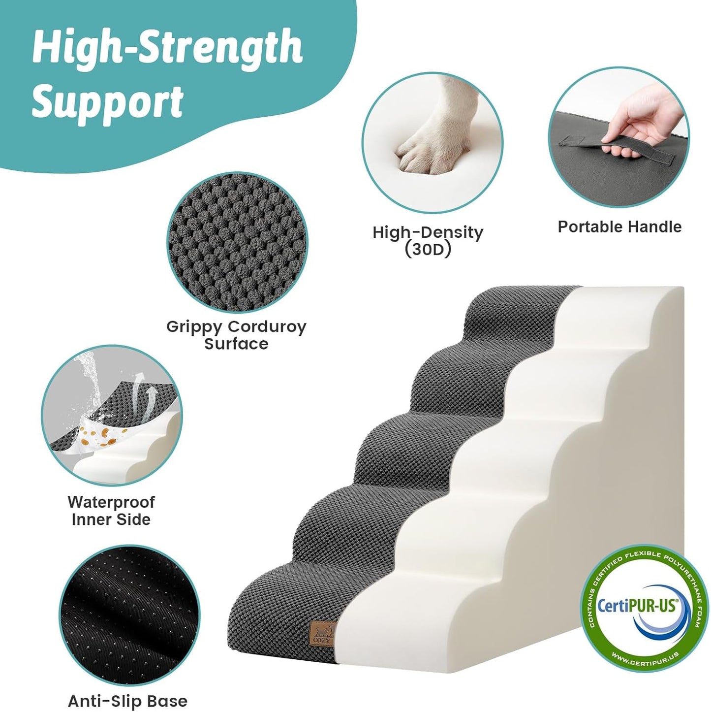COZY KISS Extra Wide Dog Stairs with Tunnel, Foam Detachable Large Dog Step for Small Pet, Puppy or Cats, Medium Pet Ramp for High Bed, Couch, Sofa or Car, 19.7x33x22.4 inch, 5 Step, Beige