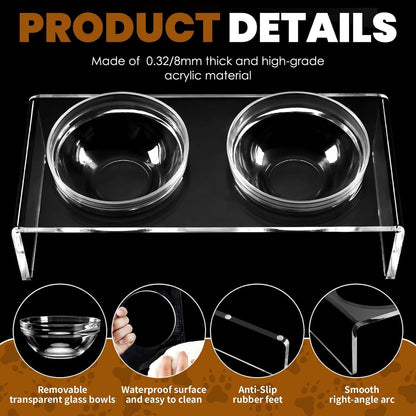 Acrylic Elevated Dog Cat Bowls Pet Feeder Double Bowl Raised Stand Comes with 4 Removable Stainless Steel Bowls. Perfect for Cats Puppies Small Dogs, 3.75 Inch