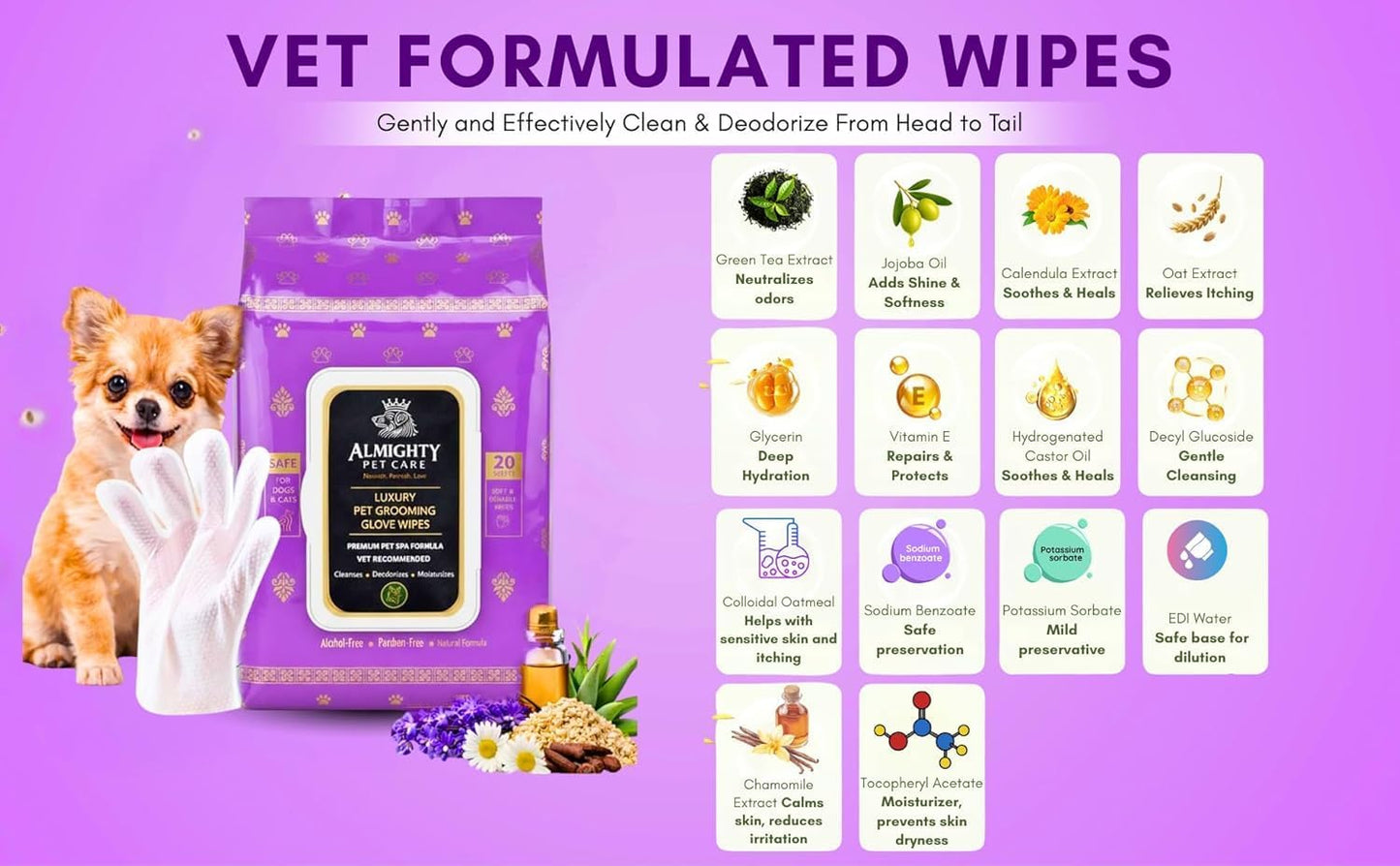 Premium Pet Grooming Glove Wipes for Dogs & Cats, 3X Thick No-Rinse Bathing Gloves, Hypoallergenic Deodorizing Paw & Body Cleaner, Natural Extracts to Hydrate & Nourish, 20 Count, Coconut Scent