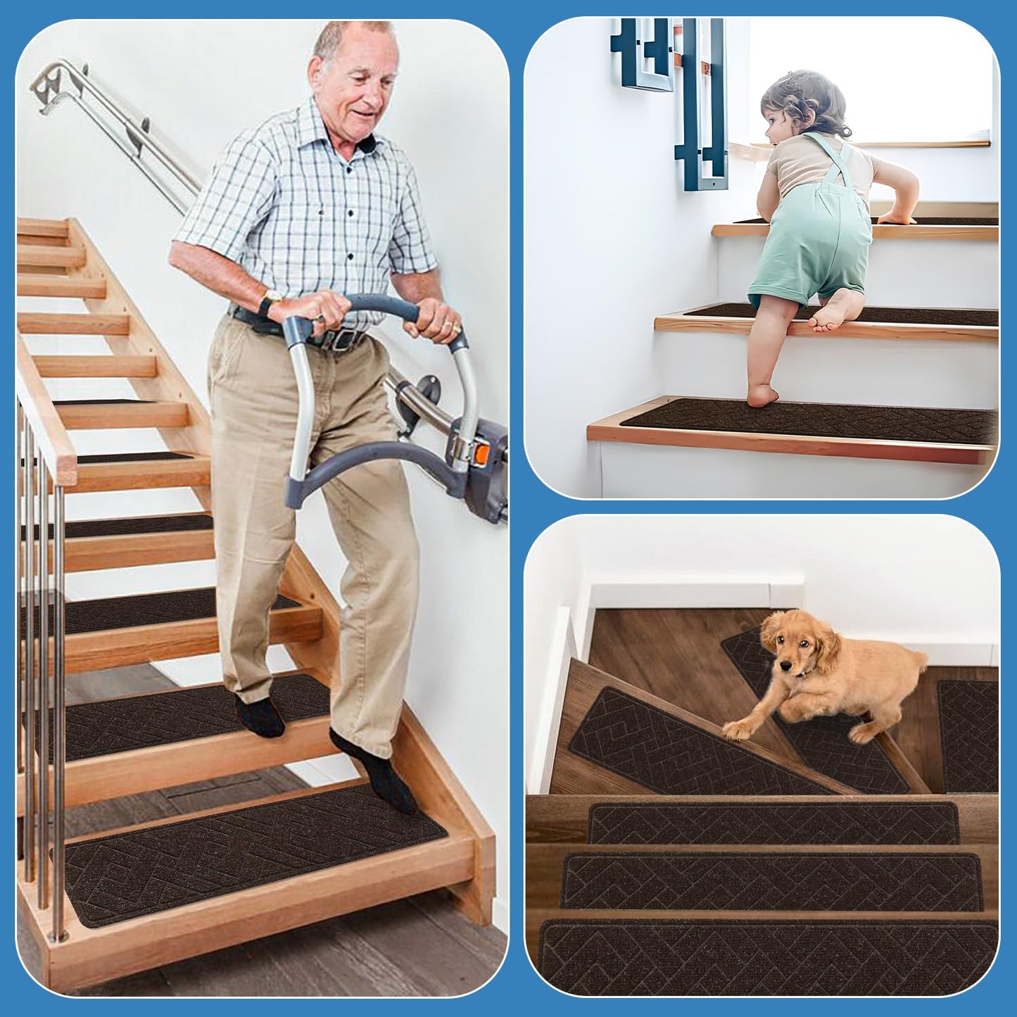 Non Slip Stair Treads for Wooden Steps,15 Pack 8" X 30" Stairs Carpet Treads Indoor with Reusable Peel and Stick Adhesive for Kids Elders and Pets