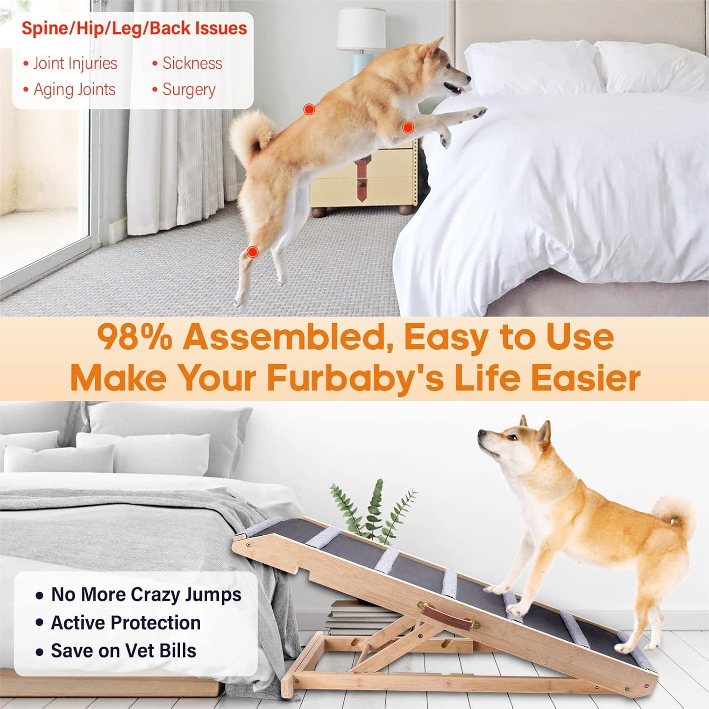 Dog Ramp for Bed - Extra Wide 17’’, Non-Slip Rubber Surface Excellent Traction, Pet Ramp for Small Large Dogs to Get on High Couch Car, Hold up to 200lb, Adjustable, Foldable