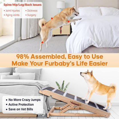 Dog Ramp for Bed - Extra Wide 17’’, Non-Slip Rubber Surface Excellent Traction, Pet Ramp for Small Large Dogs to Get on High Couch Car, Hold up to 200lb, Adjustable, Foldable