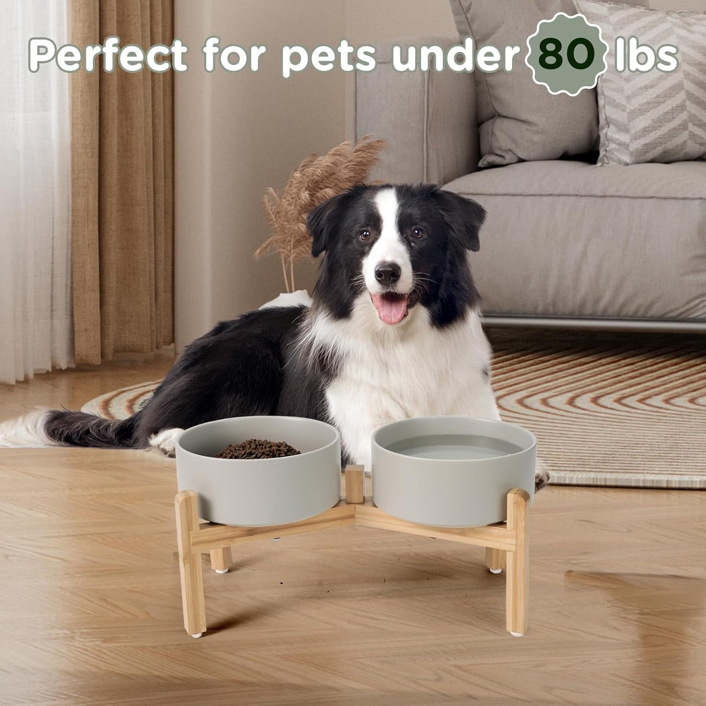 SPUNKYJUNKY Elevated Dog Bowls Ceramic, 6.1'' Dogs and Cat Food Water Bowls Raised with Non-Slip Bamboo Stand for Medium Sized Breed Microwave Dishwasher Safe - 28.7 OZ,Beige