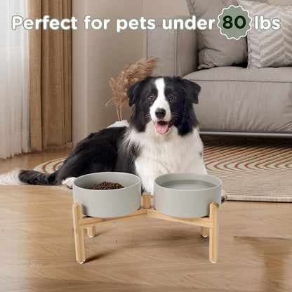 SPUNKYJUNKY Elevated Dog Bowls Ceramic, 6.1'' Dogs and Cat Food Water Bowls Raised with Non-Slip Bamboo Stand for Medium Sized Breed Microwave Dishwasher Safe - 28.7 OZ,Beige