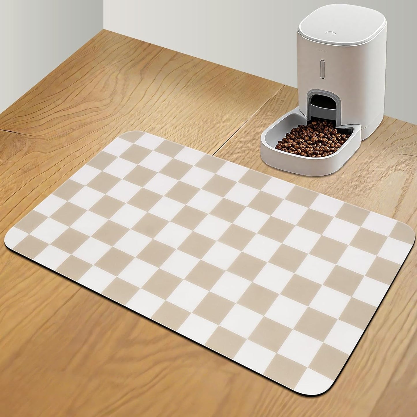 CooRug Checkered Dog Food Mat, Absorbent Leak-Proof Pet Feeding Mat, Quick Dry Cat Food Mat for Messy Drinkers 12" x 20" Khaki