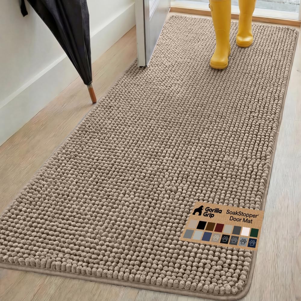 GORILLA GRIP SoakSTOPPER Dog Door Mat, 30x20 Machine Washable Rug Absorbent Doormat Captures Moisture Mud Dirt, Quick Dry Soft Chenille Entryway Rugs Indoor Entrance Mats for Dog Paws, Paw Grey