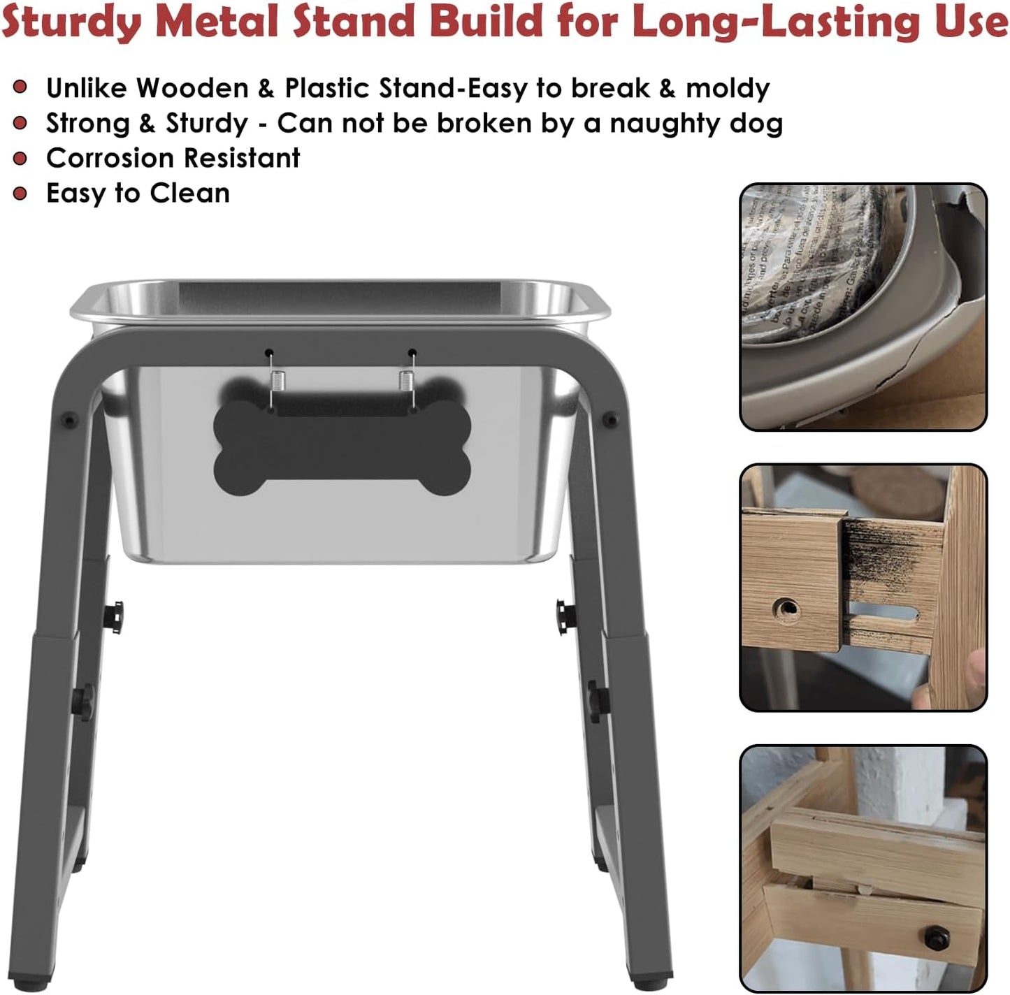 1.2 Gallon Elevated Dog Water Bowl, Height Adjustable (11–17'') Raised Stainless Steel Bowl with Spill-Proof Mat & Sturdy Metal Stand, Tip-Proof, Easy to Clean, Indoor & Outdoor Use