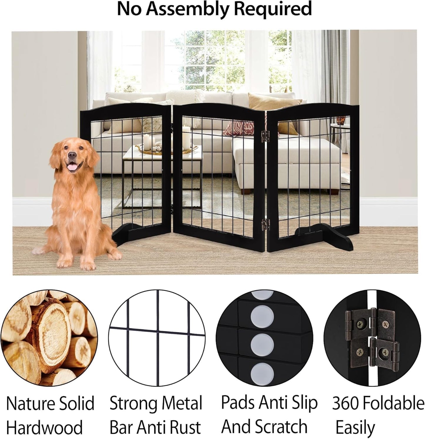 LZRS 2-Panel Freestanding Foldable Wood Dog Gate – Solid Wood & Steel Wire, Chew-Resistant Pet Barrier for Indoor Use, Ideal for Small to Medium Dogs, White