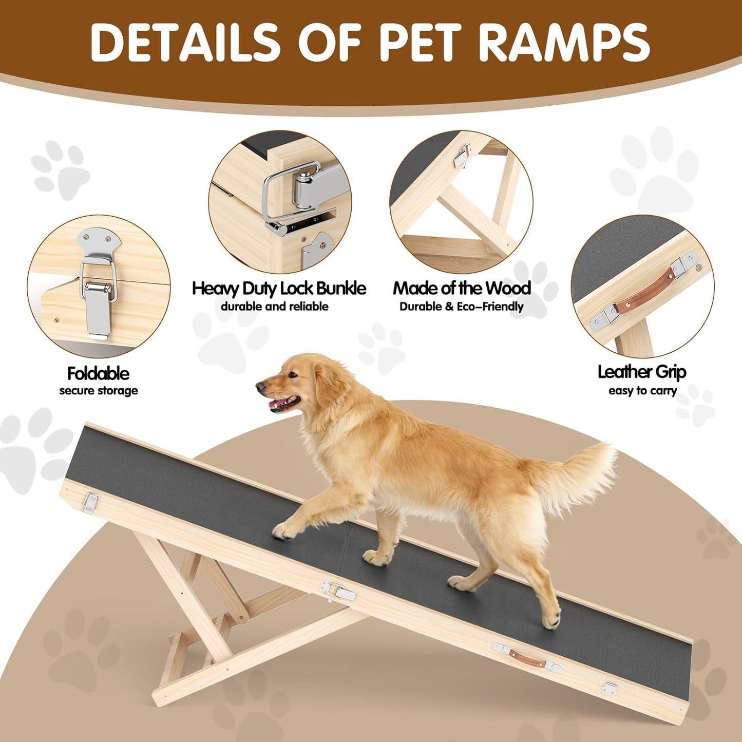 Dog Ramp for Couch with Non-Slip Silicone Mat, 39" Wooden Pet Ramps for Small Dogs, Hold up to 100lb, Adjustable Height from 11.41" to 20.47", Portable Stable Pet Step for Sofa Stairs