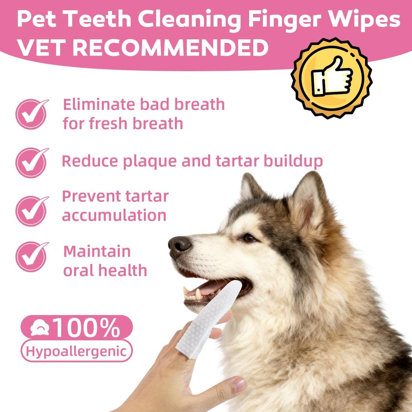 Teeth Cleaning Wipes for Dogs & Cats, Natural Formula Dog Finger Toothbrush Wipes Remove Plaque & Tartar Buildup, No-Rinse Disposable Dog Dental Care Finger Wipes(100 PCS)