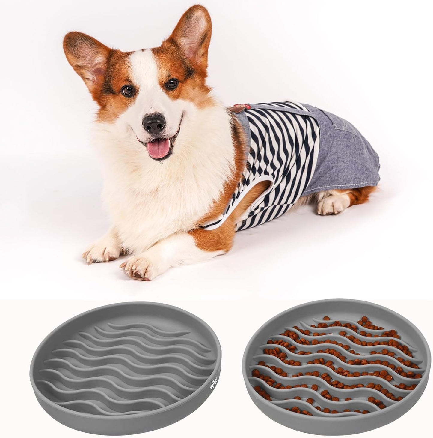 Slow Feeder Dog Bowls, Silicone Food Bowl Anti-Gulping, Pets Puppy Slow Feeder with Suction Cups, Dishwasher Microwave Safe for All Small Medium Dogs, Wave Design Blue