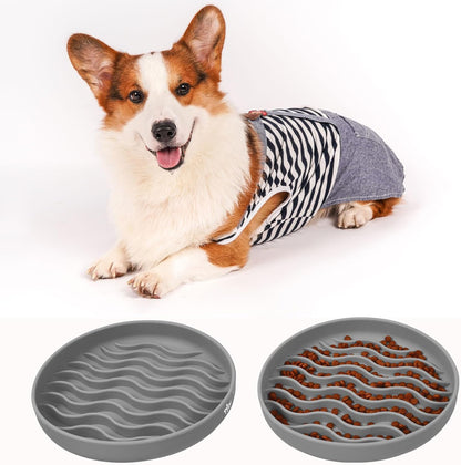 Slow Feeder Dog Bowls, Silicone Food Bowl Anti-Gulping, Pets Puppy Slow Feeder with Suction Cups, Dishwasher Microwave Safe for All Small Medium Dogs, Wave Design Blue
