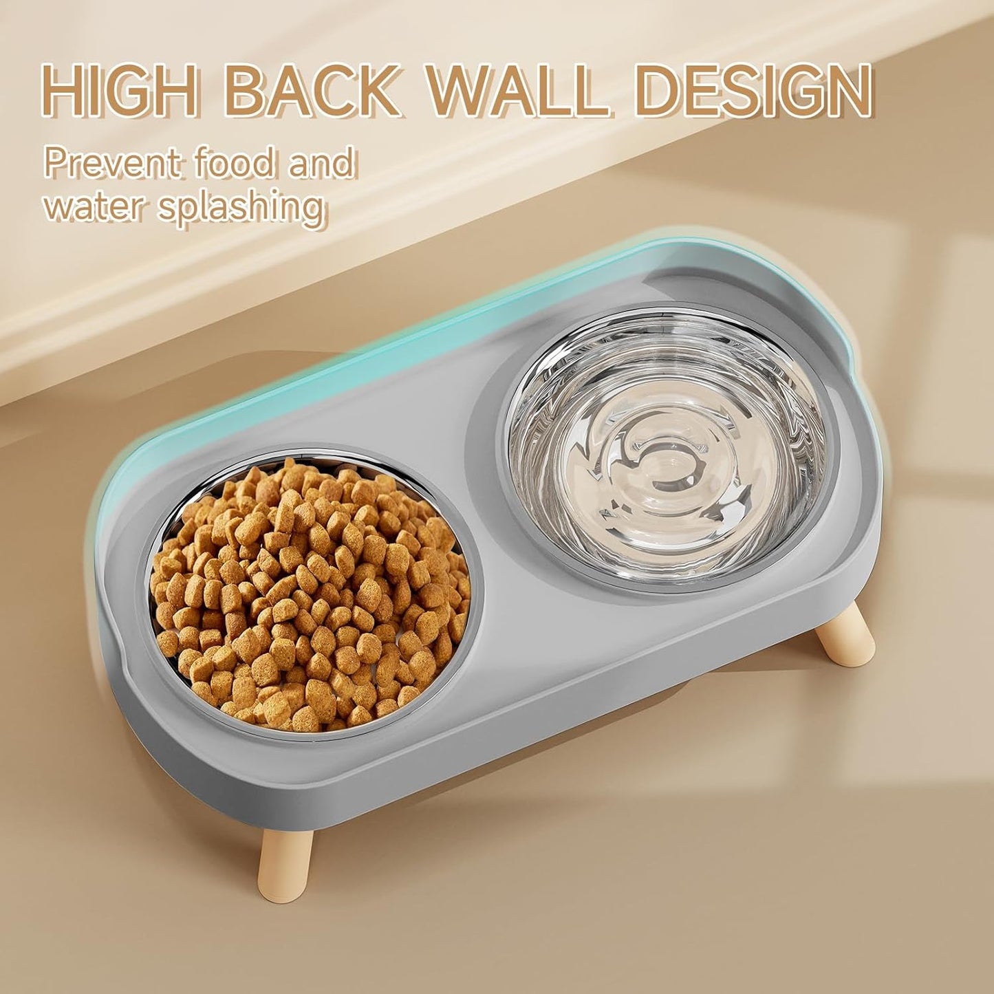 Elevated Cat Bowl, Raised Cat Food and Water Bowl Set for Indoor Cats, Splash Proof with 2 Stainless Steel Pet Food Bowls for Cats and Puppies, Whisker Fatigue and Dishwasher Safe - White