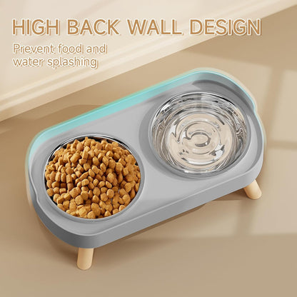Elevated Cat Bowl, Raised Cat Food and Water Bowl Set for Indoor Cats, Splash Proof with 2 Stainless Steel Pet Food Bowls for Cats and Puppies, Whisker Fatigue and Dishwasher Safe - White