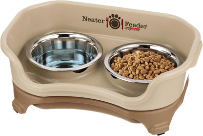 Neater Feeder Express Mess Proof Dog Bowls Elevated for Small Breeds under 15 Lb, Made in USA, No Spill Raised Dog Food Bowl Stand, Stainless Steel Food and Water Bowl Set, Feeding Station, Cappuccino